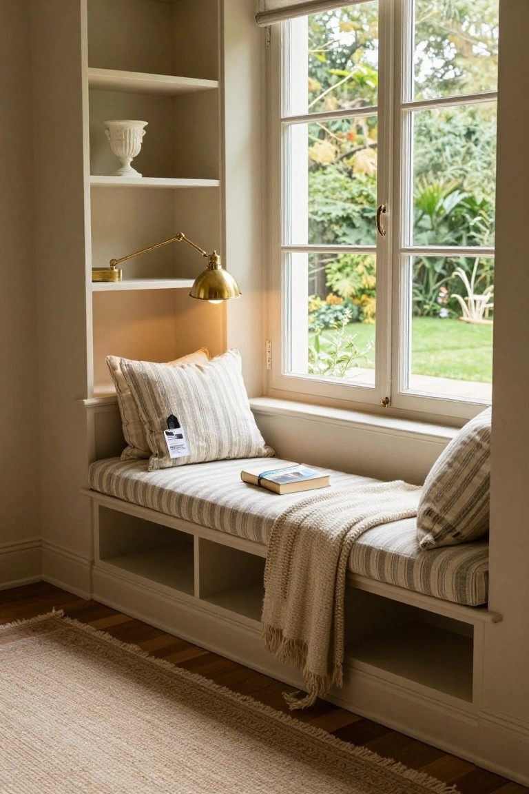 Built-in beige window seat with striped cushions and pillows, an open book, wool throw blanket, flanked by open shelves holding a white vase and brass lamp, next to large windows overlooking a garden.