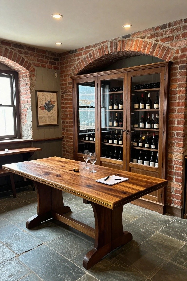 Interior room with exposed red brick walls and arches, a large wooden armoire-style cabinet displaying wine bottles behind glass doors, and a wooden trestle table holding wine glasses and a cork.