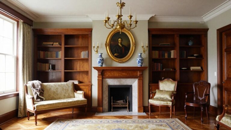 Wood-paneled library interior with floor-to-ceiling bookshelves flanking a marble fireplace and gilded portrait, blue porcelain vases on shelves and mantel, brass chandelier overhead, two upholstered armchairs, and parquet flooring with an oriental rug.