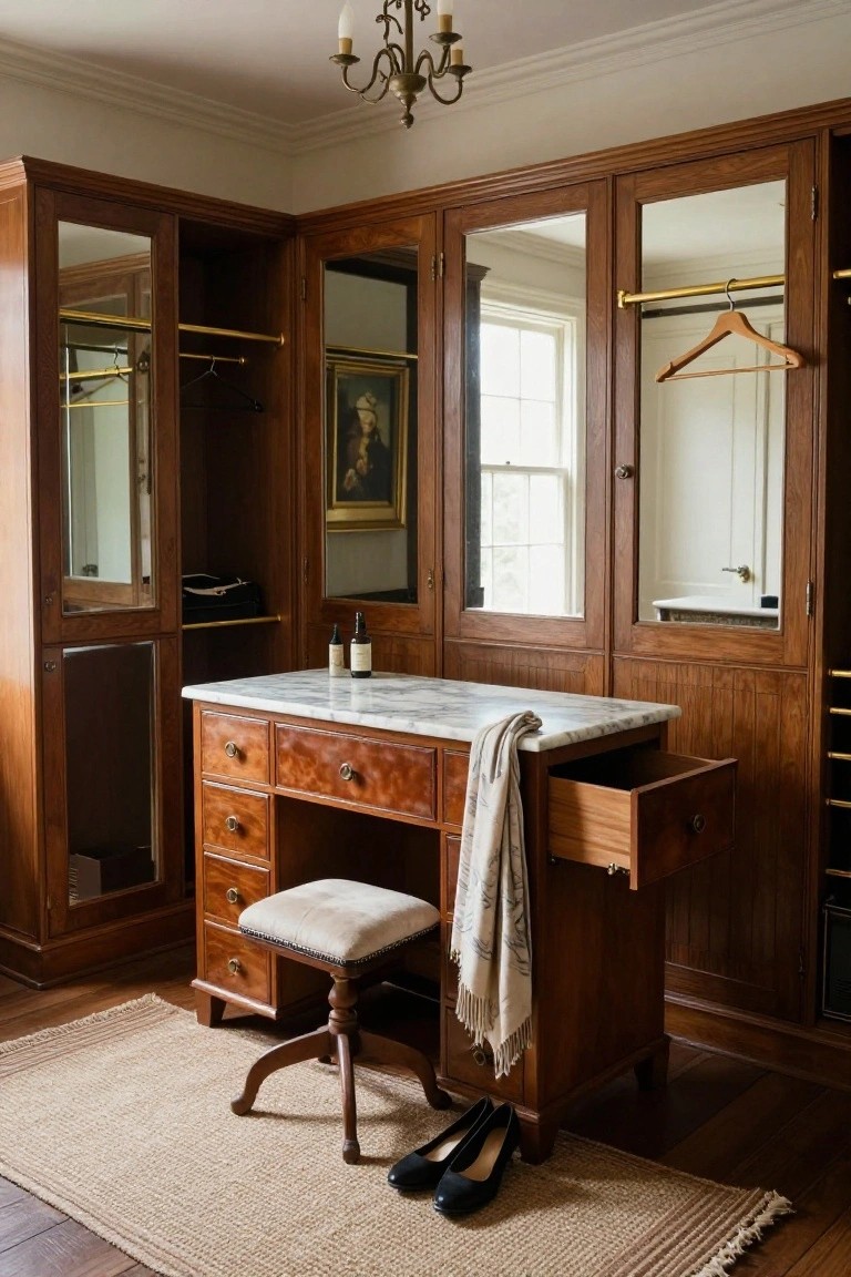 Corner wooden wardrobe with mirrored doors and gold hanging rods surrounding a burled wood vanity table with marble top, open drawer draped with linen, upholstered stool, black high-heel shoes, and beige rug on wood floor.