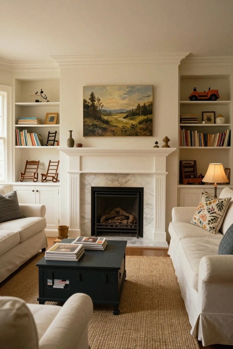 A living room featuring a white marble fireplace flanked by built-in white bookshelves with books, small wooden chairs, and decor, white slipcovered sofas, a dark wood coffee table, and a landscape painting above the mantel.