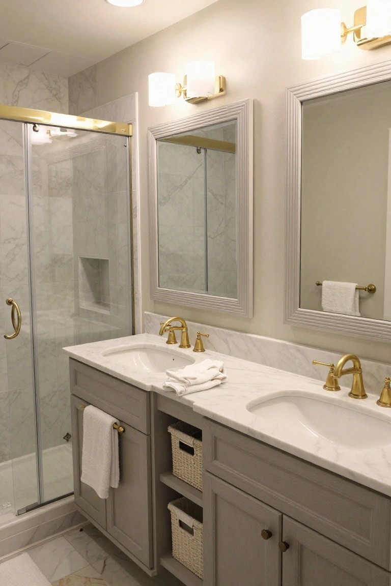 Bathroom interior with gray double vanity topped by white marble, two undermount sinks with gold faucets, glass shower enclosure with gold frame and marble tile interior, white-framed mirrors, and wicker baskets on open shelves.