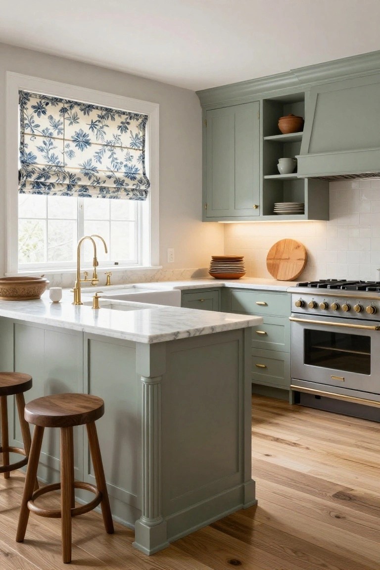 Kitchen with sage green cabinets, white marble-topped island featuring fluted columns, brass gooseneck faucet in farmhouse sink, wood stools, and blue floral roman shade on window.