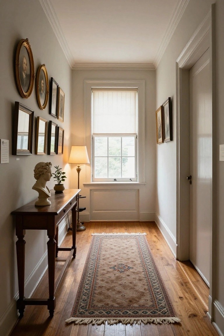 Narrow interior hallway with light gray walls, multiple framed artworks and mirrors, wooden console table with plaster bust sculpture and lamp, runner rug on hardwood floors, and a tall window with blinds.