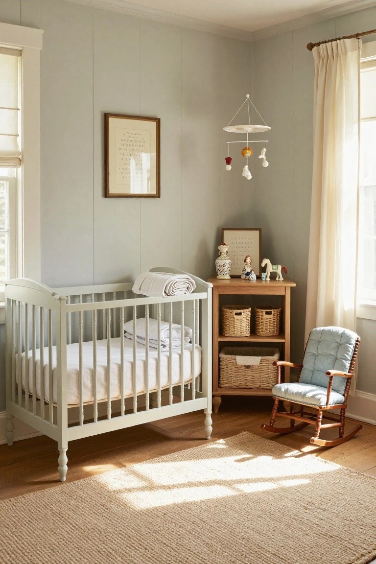 A sunlit nursery corner with pale gray board-and-batten walls, white spindle crib with linens, wooden bookshelf with baskets and figurines, blue rocking chair, and hanging mobile.