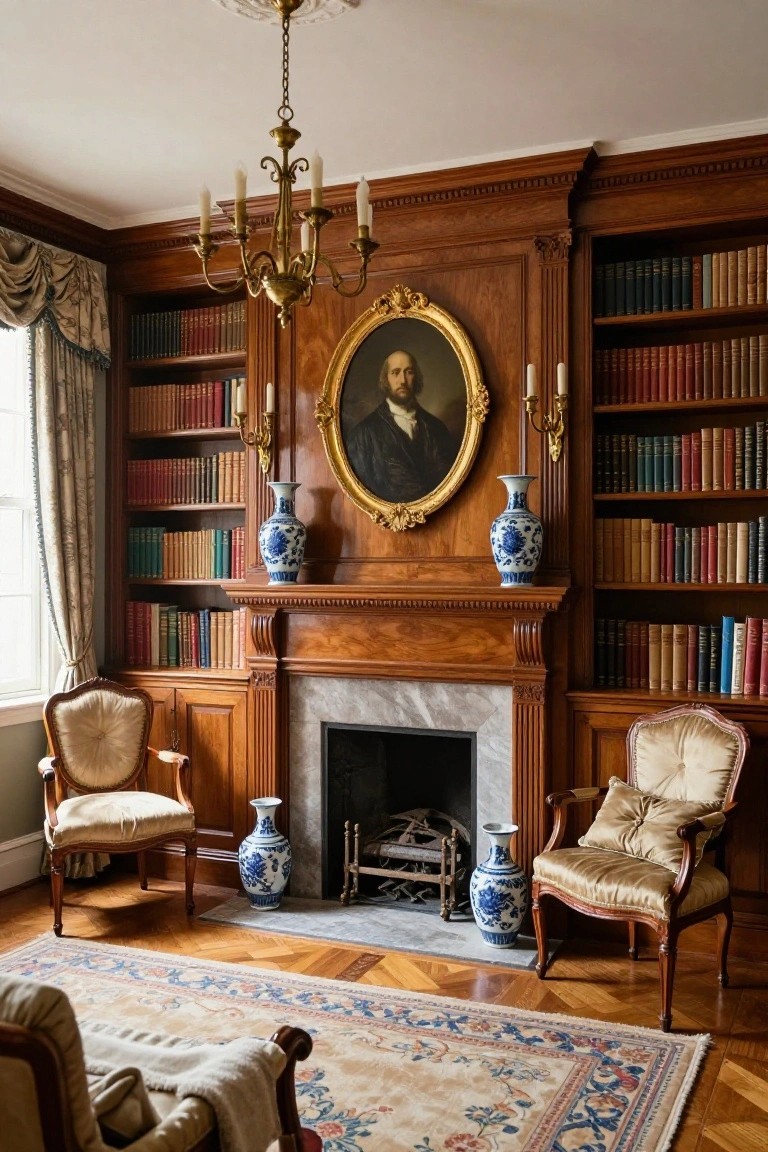 Wood-paneled library interior with floor-to-ceiling bookshelves flanking a marble fireplace and gilded portrait, blue porcelain vases on shelves and mantel, brass chandelier overhead, two upholstered armchairs, and parquet flooring with an oriental rug.