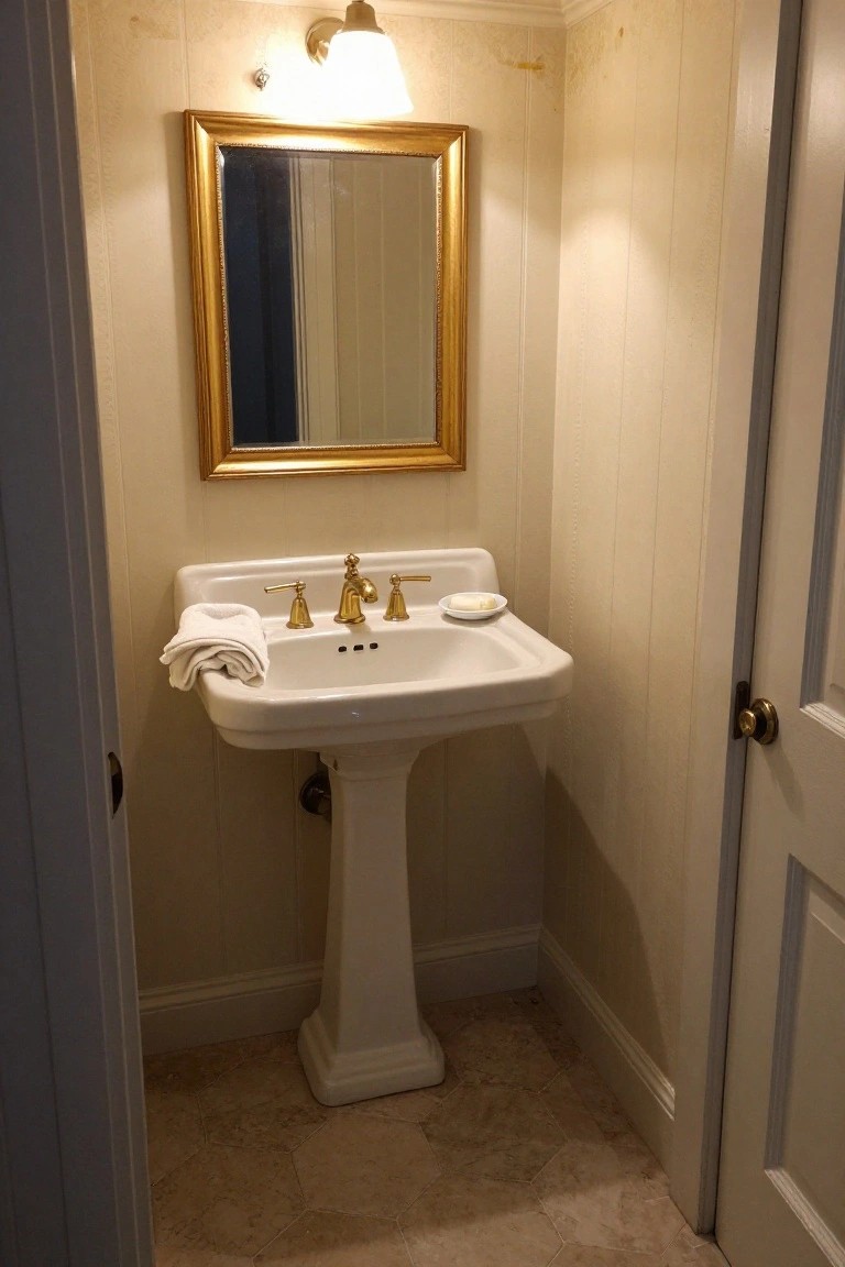 Small powder room with white pedestal sink, gold faucets and soap dish, folded white towels, gold-framed mirror above sink, beige paneled walls, and open door.