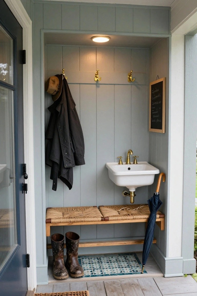 Light blue paneled porch alcove next to a blue door, with brass hooks holding a dark coat and tan hat, white wall-mounted sink with gold faucet, rattan bench with tall brown boots underneath, black umbrella leaning on bench, small chalkboard on wall, and wood plank porch floor outside.