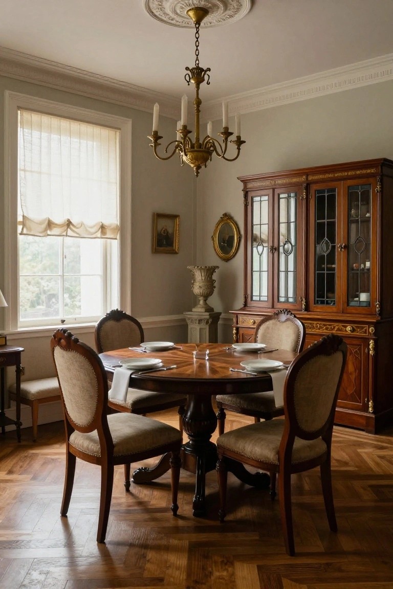 Formal dining room featuring a round wooden pedestal table with four upholstered chairs, set with plates and napkins, under a brass chandelier, with a large wooden cabinet and parquet flooring.