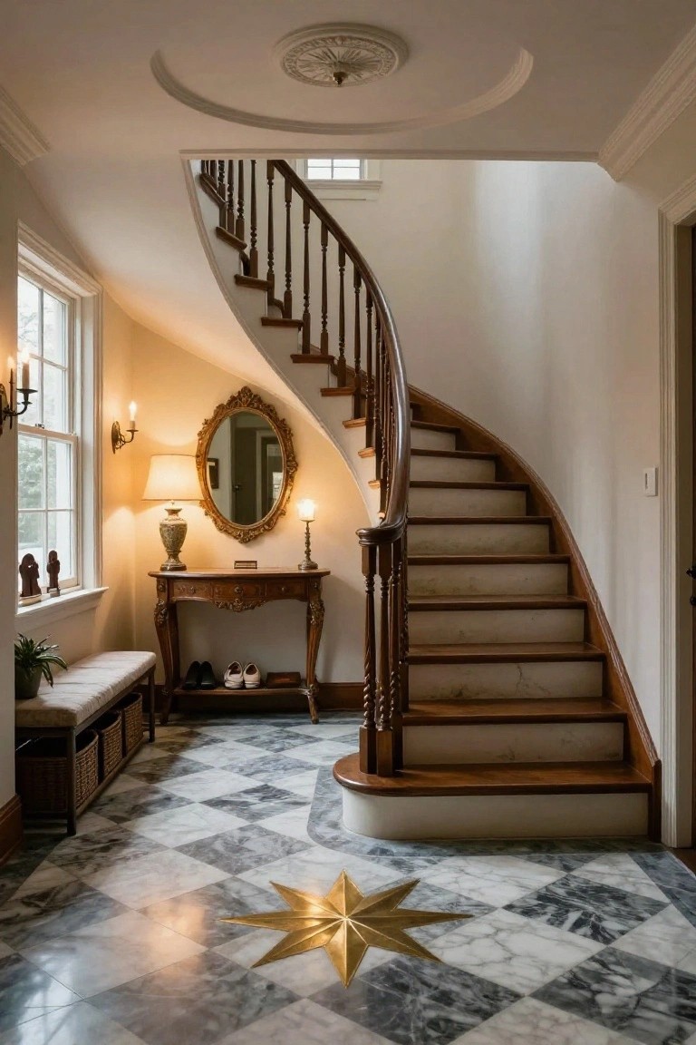 Entry hall with curved wooden staircase, ornate console table topped with lamps and mirror, cushioned bench with wicker baskets, and checkered gray and white marble floor centered with gold star inlay.