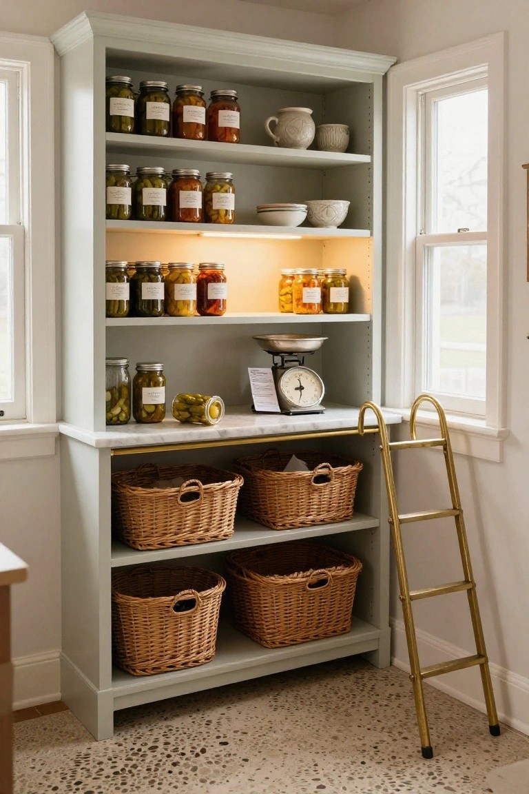 Tall sage green wooden cabinet in room corner with open shelves holding labeled mason jars of pickles, peppers, and preserves, brass rolling ladder, marble countertop with scale, wicker baskets below, and windows nearby.