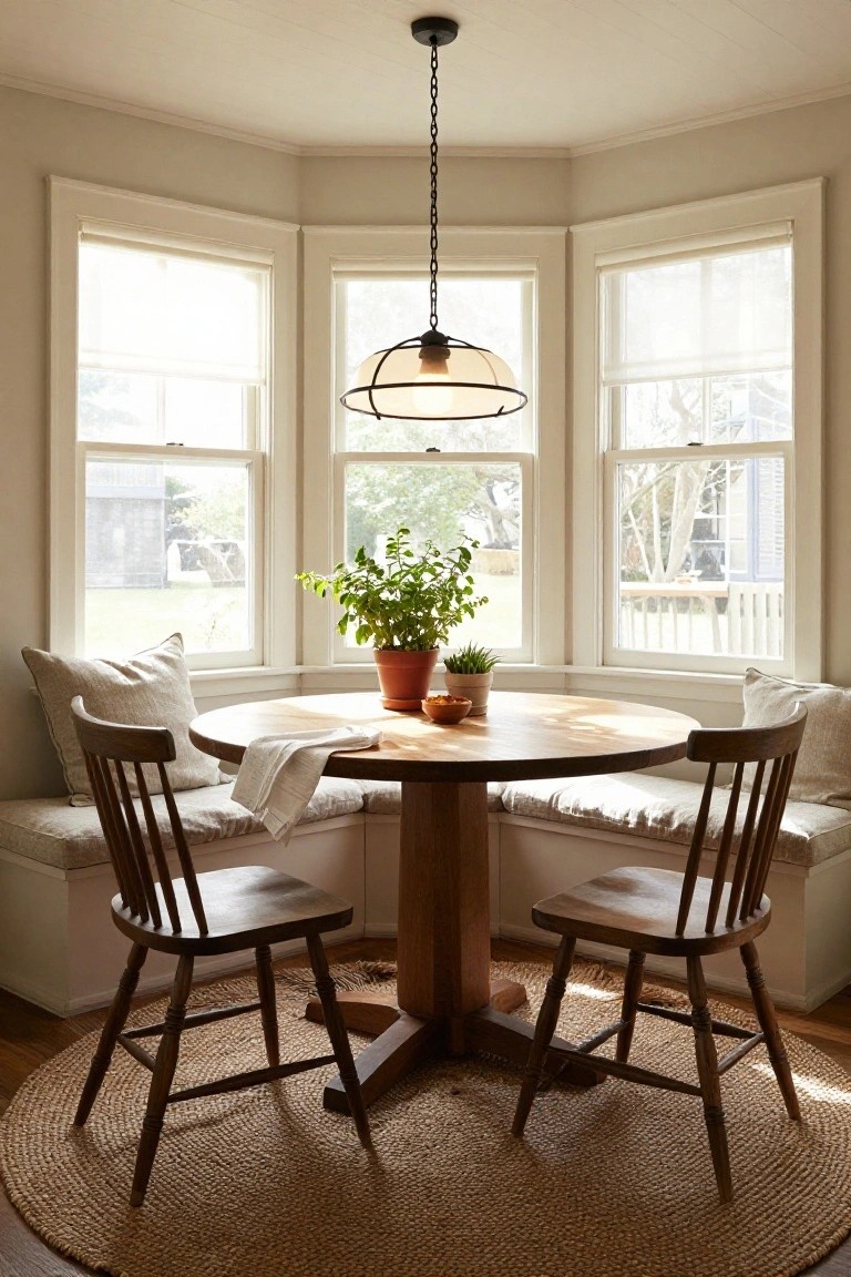 A sunlit bay window breakfast nook with a round wooden table, built-in cushioned benches, wooden chairs, potted plants, sheer shades, and a pendant light over neutral walls and a seagrass rug.