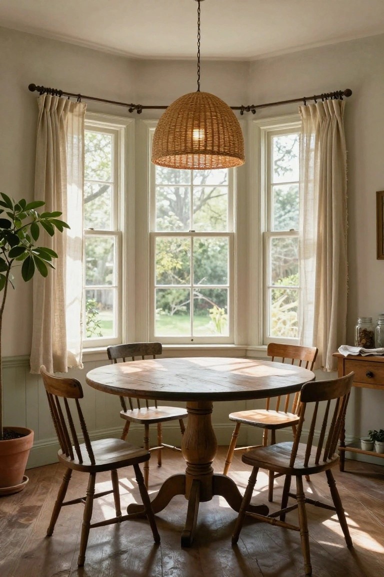 Bay window nook in a light room with sheer curtains on three windows, round wooden table with four chairs, rattan pendant light overhead, potted plants, and wooden side table.