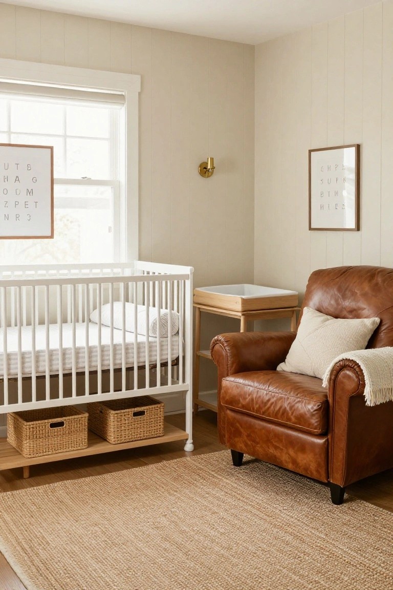 Nursery room with beige shiplap walls, white crib with striped mattress and storage baskets underneath, brown leather armchair with cream pillows and knit throw beside wooden changing table, seagrass rug on wood floor.