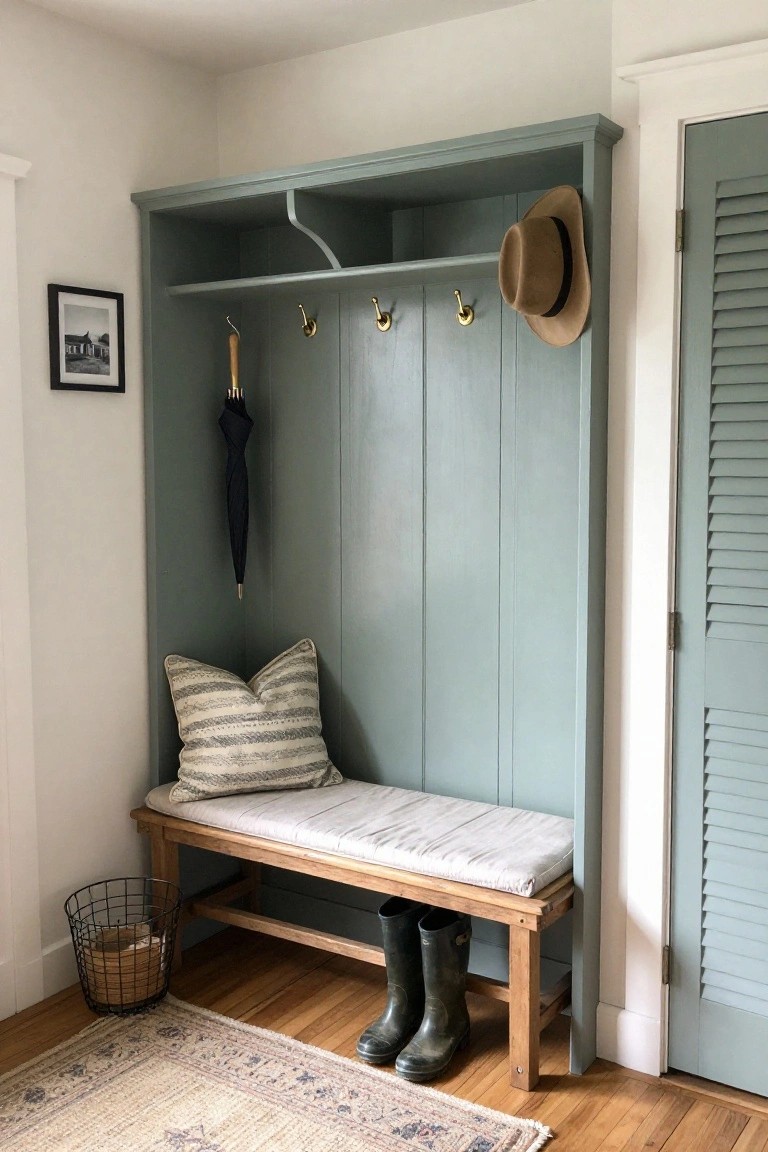 Teal-painted wooden corner cabinet with open shelves and brass hooks holding a tan hat and black umbrella, wooden bench with white cushion and green boots underneath, black wire basket on hardwood floor next to green louvered doors.