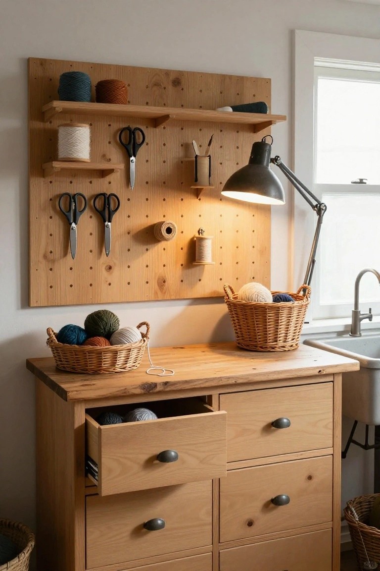 Wooden pegboard wall organizer with yarn skeins on shelves, hanging scissors, spools, and tools, above a wooden workbench with open drawers holding yarn balls, wicker baskets of yarn nearby, and a sink in a light-filled room.