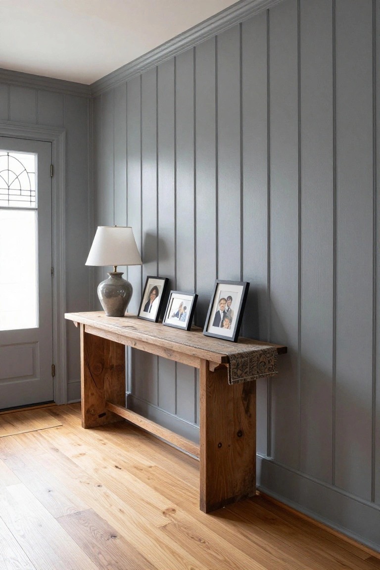 Corner of an entryway with light gray vertical plank walls, a rustic wooden console table topped with a ceramic lamp and three black-framed family photos, hardwood floors, and a nearby door with glass panels.