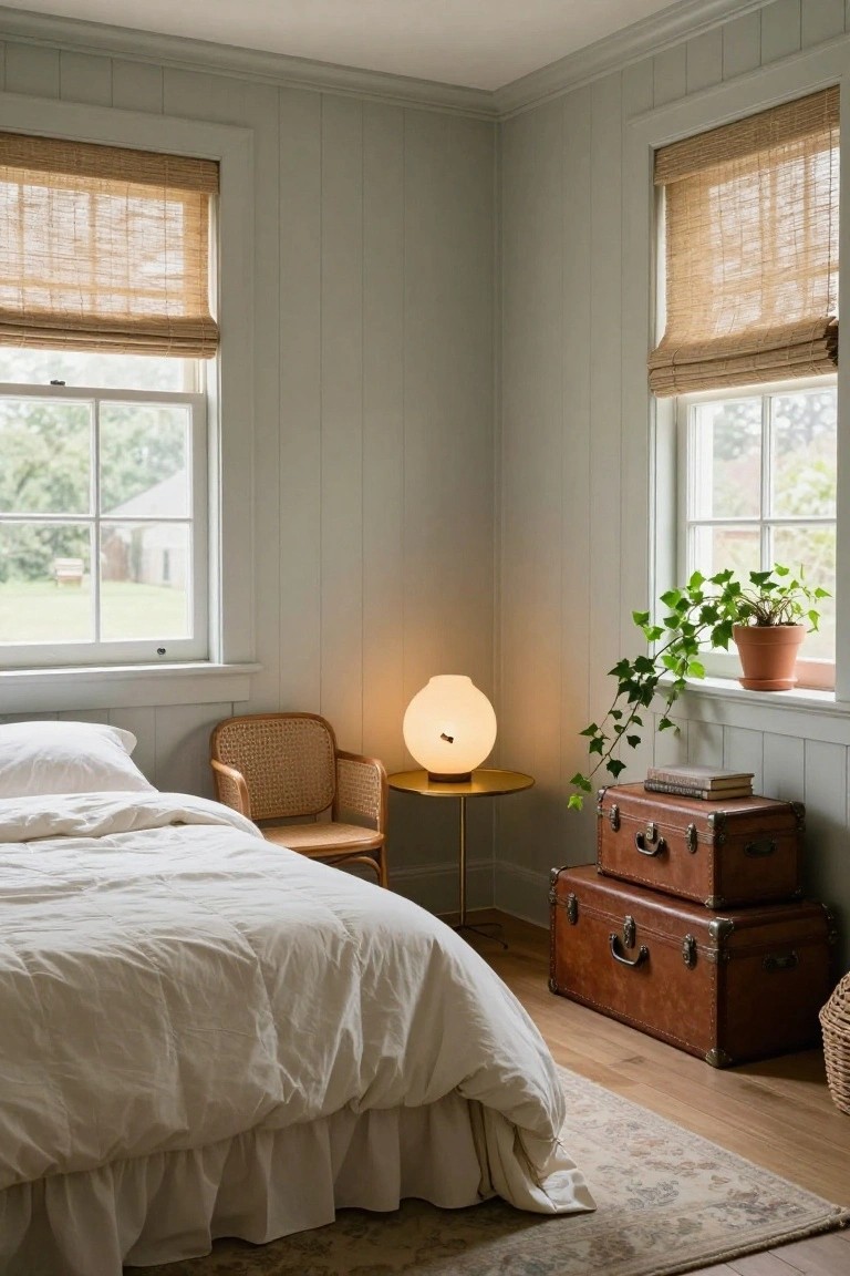 Corner of a bedroom with pale gray shiplap paneled walls, white bed with ruffled skirt, rattan armchair beside gold side table with white globe lamp, stacked brown leather suitcases, bamboo shades on double-hung windows with ivy plant, and hardwood floor with patterned rug.