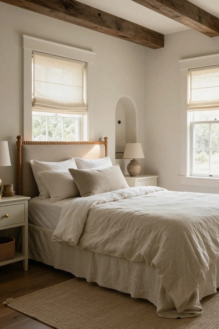 Bedroom with exposed wooden ceiling beams, queen bed on wooden spindle frame with beige upholstered headboard and white linen bedding, white nightstands with lamps, and windows covered by light linen shades.