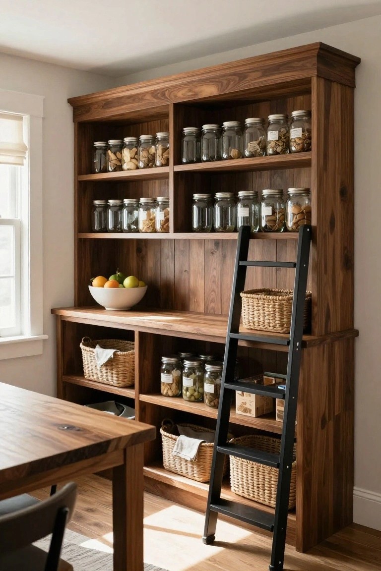 Dark wooden pantry with glass jars, woven baskets, and black ladder.