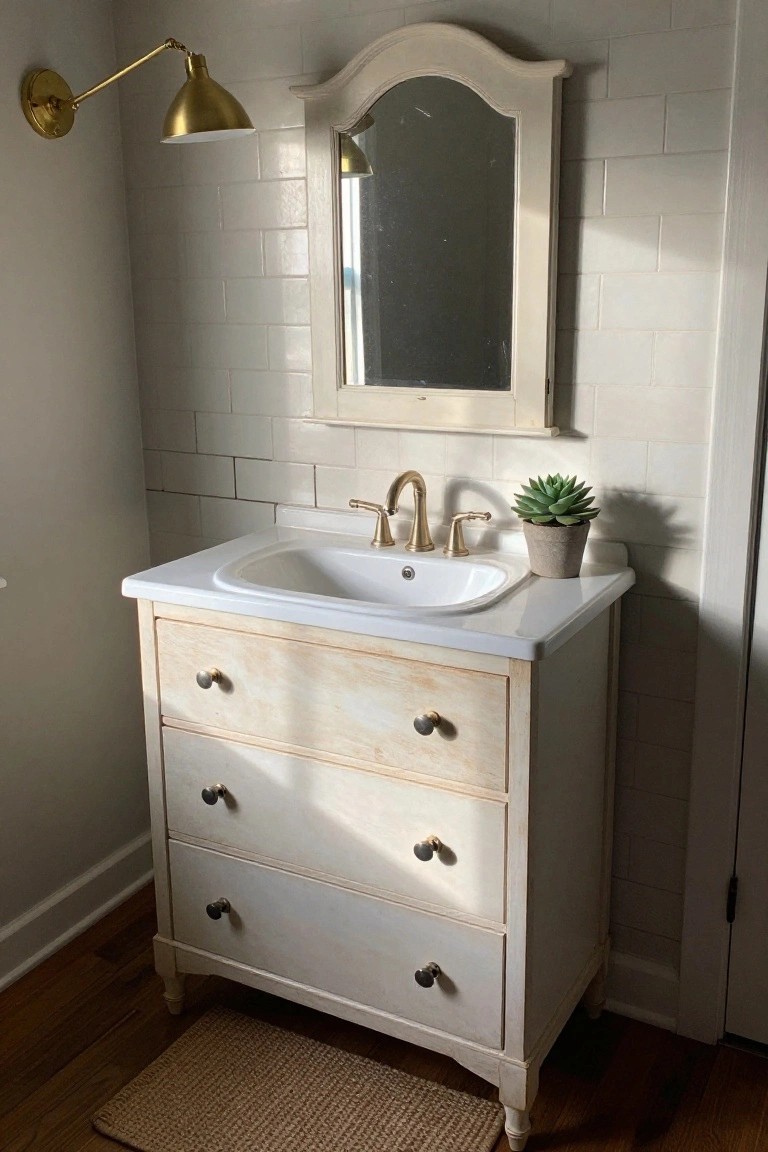 A whitewashed wooden dresser with three drawers and brass knobs used as a bathroom vanity, topped with a white oval sink and gold faucet, next to a potted succulent, arched mirror, subway tile walls, and brass wall sconce.
