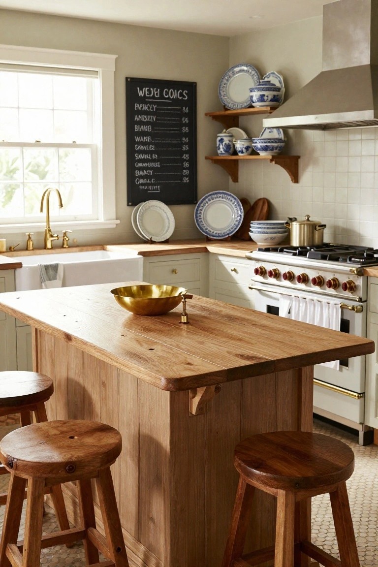 Kitchen interior with a large wooden island and four stools at center, white cabinetry, farmhouse sink, brass bowl on island, blue and white china on shelves, and stainless range.