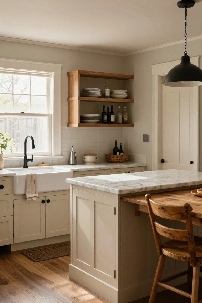 A bright kitchen interior with light wood open shelves displaying white plates and wine bottles, creamy cabinets, white farmhouse sink, marble countertops, and a wooden island with stools.