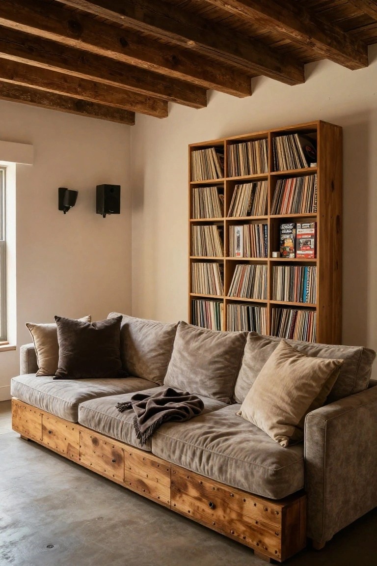 Living room with exposed wooden ceiling beams, tall wooden bookshelves filled with vinyl records, a low wooden-framed sofa with neutral cushions and throw blanket, beige walls, and polished concrete floor.