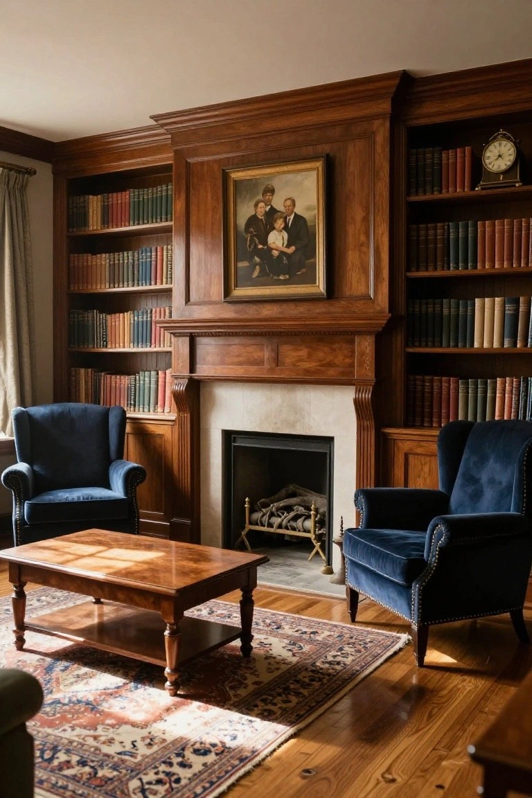 Wood-paneled library room with built-in bookshelves flanking a fireplace mantel displaying a portrait, blue velvet armchairs, wooden coffee table, clock, and patterned rug on hardwood floor.
