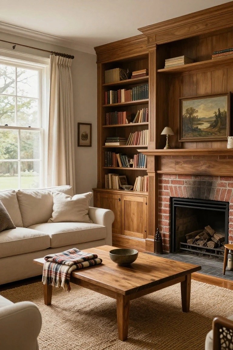 A living room corner with tall dark wood built-in bookshelves flanking a brick fireplace, cream sofa with pillows, wooden coffee table holding a bowl and plaid throw, seagrass rug, and window with white curtains overlooking trees.