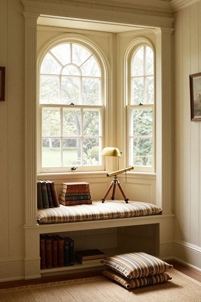 Bay window nook with cushioned bench seat, built-in bookshelves below holding leather-bound books, brass banker's lamp and telescope on wooden tripod atop the bench, striped pillows on floor, seagrass rug, pale walls, and trees visible through arched windows.