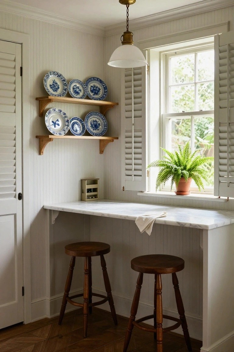 White corner kitchen interior with marble-topped breakfast bar, two wooden stools, open wooden shelves holding blue and white plates, beadboard walls, and a window with open shutters and potted fern plant.