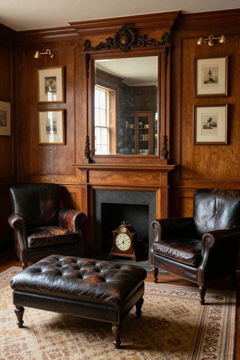 Elegant living room with leather chairs, tufted ottoman, and ornate wooden fireplace.