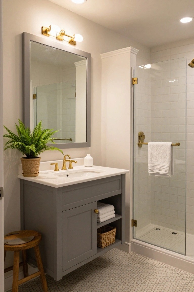 A bathroom with a gray shaker-style vanity cabinet featuring gold hardware and faucet, open shelving with towels and baskets, a potted fern plant, wood stool, large framed mirror, and adjacent glass shower with white subway tiles on hex-patterned floor.
