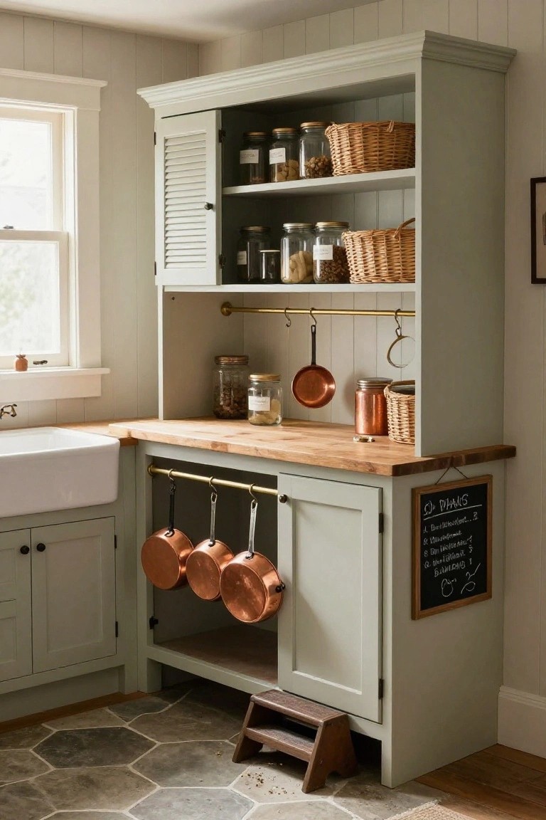 Sage green painted wooden kitchen hutch with louvered doors, open shelves holding glass jars, baskets, and cookware, brass hanging rail with copper pots below, next to white farmhouse sink on wooden countertop and cabinetry.