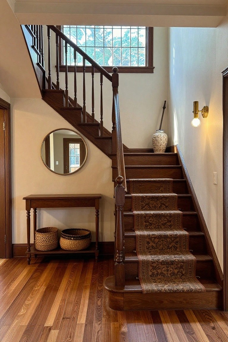 Wooden staircase with dark balusters, treads covered by a patterned runner, adjacent to a wood console table with two woven baskets and a round mirror, on wide plank hardwood floors in a cream-colored interior.