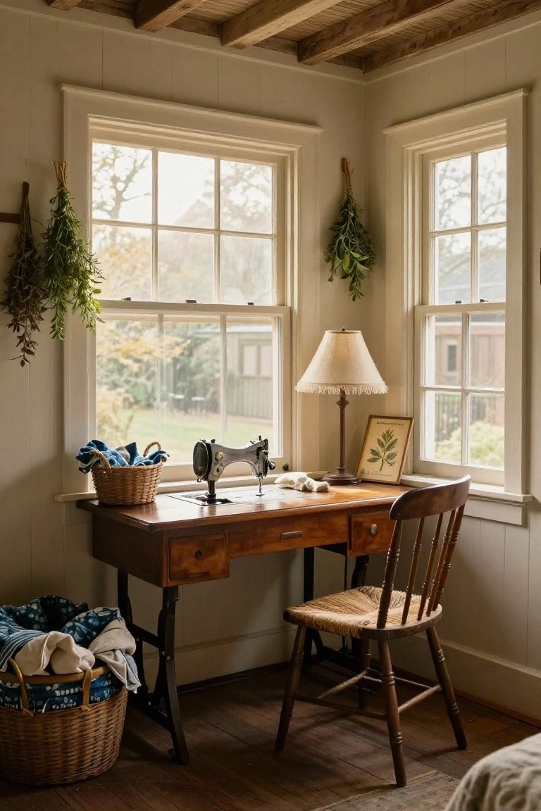 Corner of a beige-walled room with wooden desk holding vintage sewing machine, wicker baskets containing blue and white fabrics, hanging dried herbs by two multipane windows, wooden chair, table lamp, and botanical print.