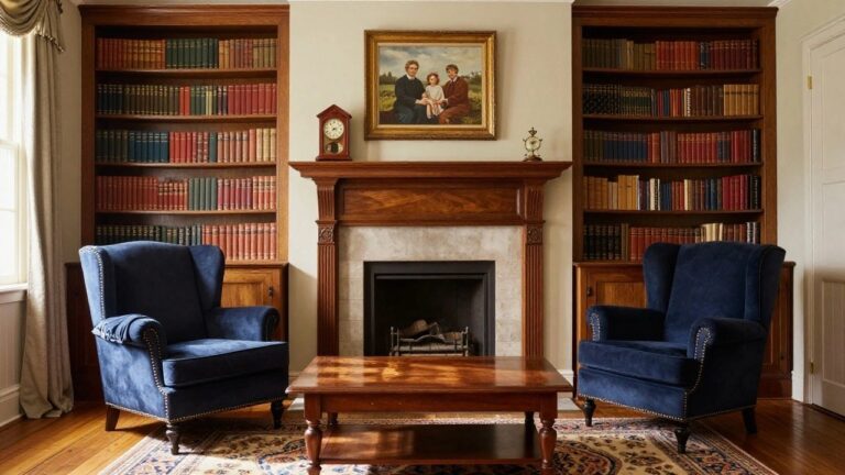 22 Classic Traditional Colonial Interior Design Inspirations You’ll Adore Wood-paneled library room with built-in bookshelves flanking a fireplace mantel displaying a portrait, blue velvet armchairs, wooden coffee table, clock, and patterned rug on hardwood floor.