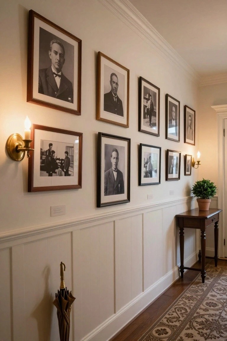 Hallway with white wainscoting and chair rail lined in black-and-white framed portraits of people in formal attire, flanked by brass candle sconces, a wooden side table holding a potted plant, and a decorative umbrella stand on a hardwood floor with oriental rug.