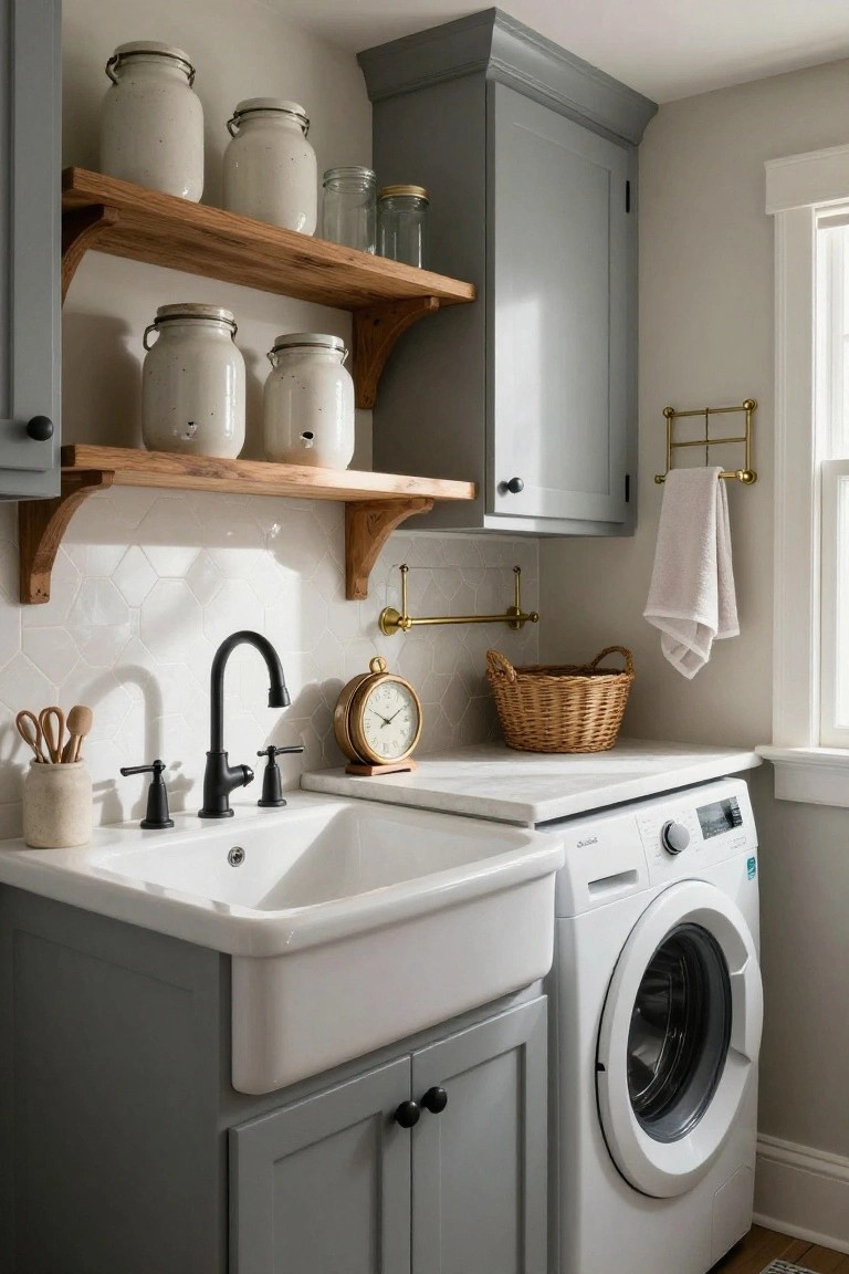Laundry room with white apron-front farmhouse sink in gray shaker-style cabinets next to a white front-load washer, open oak shelves holding white ceramic jars above, white hexagonal tile backsplash, brass towel rack with linen towel, and wicker basket on marble counter.