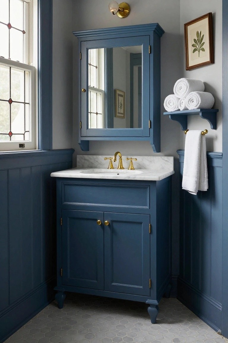 Small traditional bathroom with navy blue painted vanity cabinet, marble countertop and sink, gold faucet, matching wall-mounted medicine cabinet with mirror, white towels on shelves and towel bar, gray hex tile floor, and stained glass window.