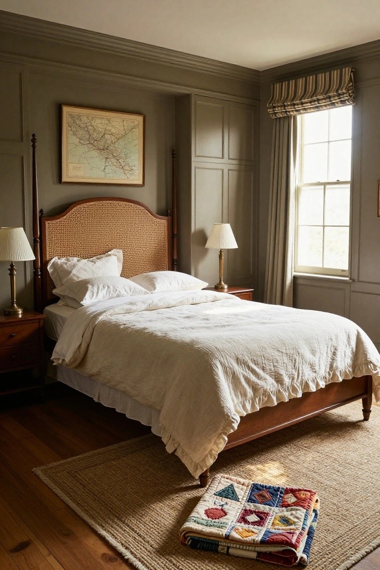 Colonial bedroom interior with sage green paneled walls, wooden four-poster bed with rattan headboard and white linens, matching nightstands with lamps, seagrass rug, and folded colorful quilt on the floor.