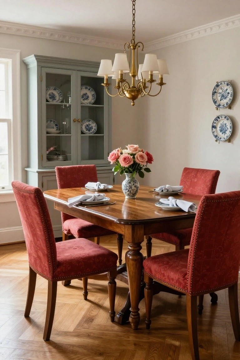 Formal dining room with oval wooden table set for meal, four red tufted upholstered chairs, greenish painted china cabinet with blue and white dishes, brass chandelier, and pink roses in blue and white vase as centerpiece.