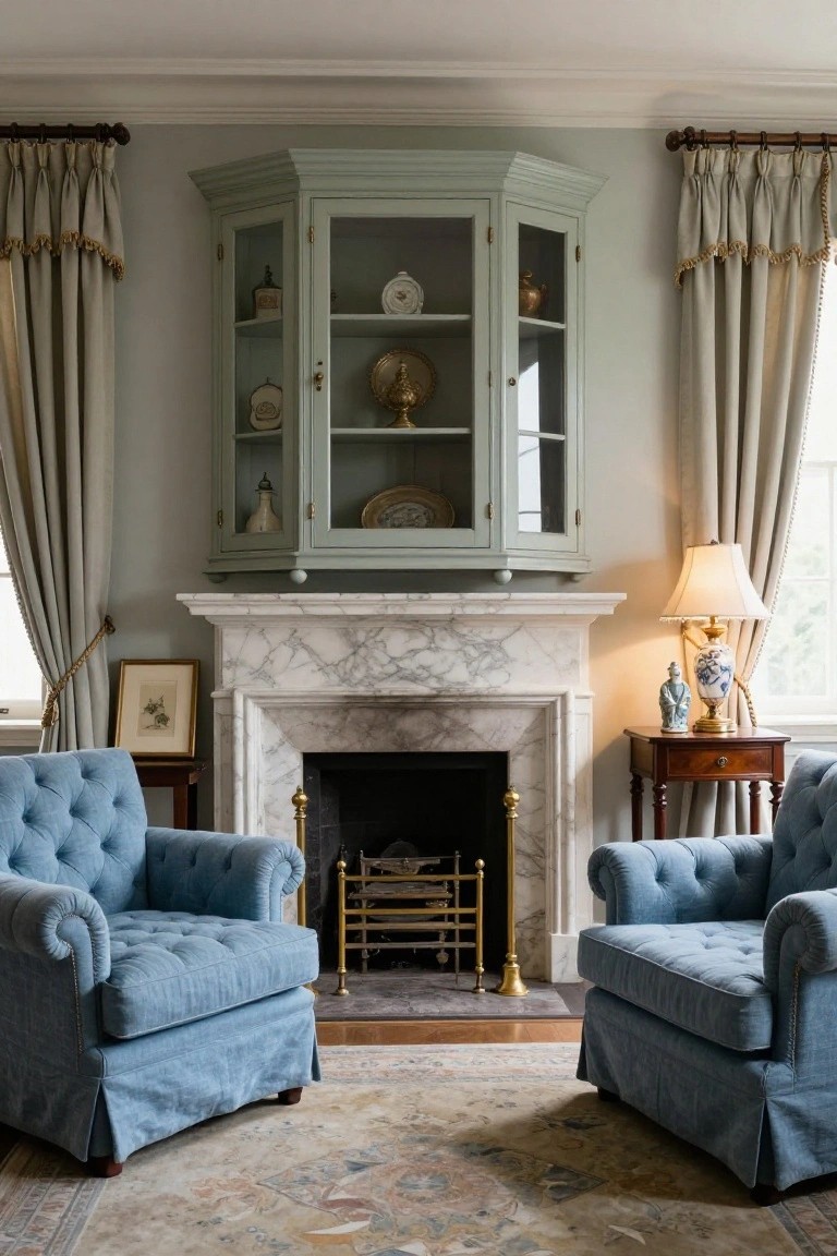 Traditional living room interior with two blue tufted armchairs symmetrically placed in front of a marble fireplace, a green corner cabinet mounted above the mantel, wooden side tables, and beige draped curtains on the windows.