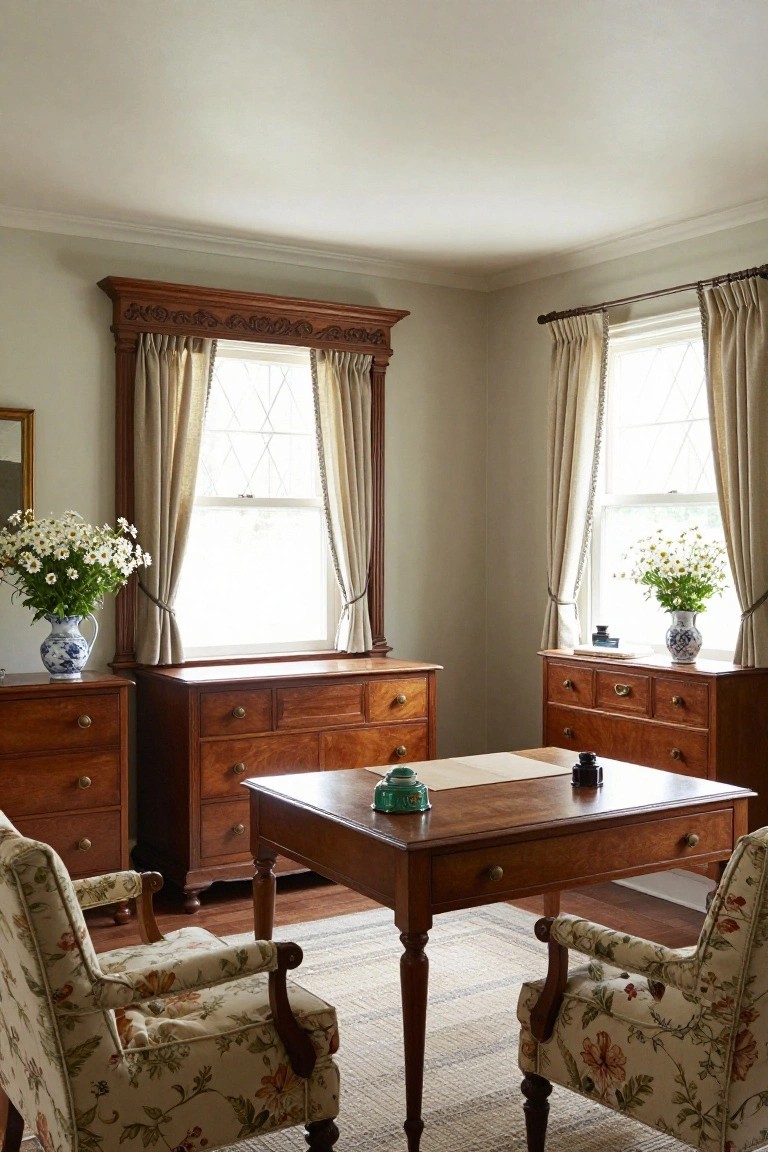 Sunlit corner room interior with tall wooden chests of drawers flanking windows, a central wooden desk holding a green lidded jar and ink bottle, two floral-upholstered armchairs on a striped rug, and white daisy bouquets in blue and white vases.