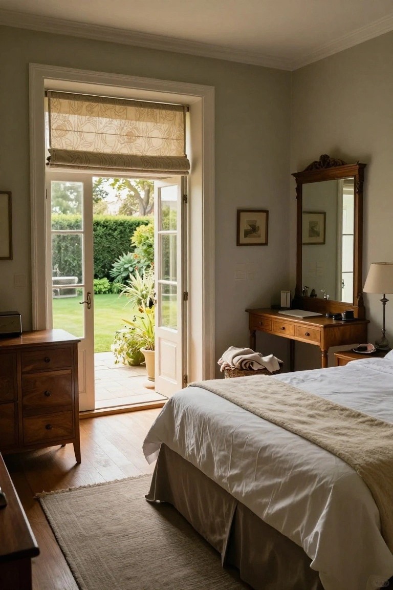 Light-filled bedroom interior with neutral walls, wooden dresser and desk, white bed with beige throw, ornate mirror, and open French doors revealing a green garden and plants.