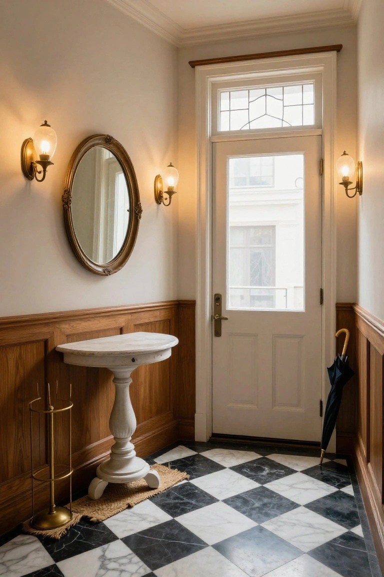 Narrow interior entry hallway with black and white checkered marble floor, wood wainscoting on lower walls, white pedestal console table with marble top, brass umbrella stand, round antique mirror, brass wall sconces, and white front door with glass transom.