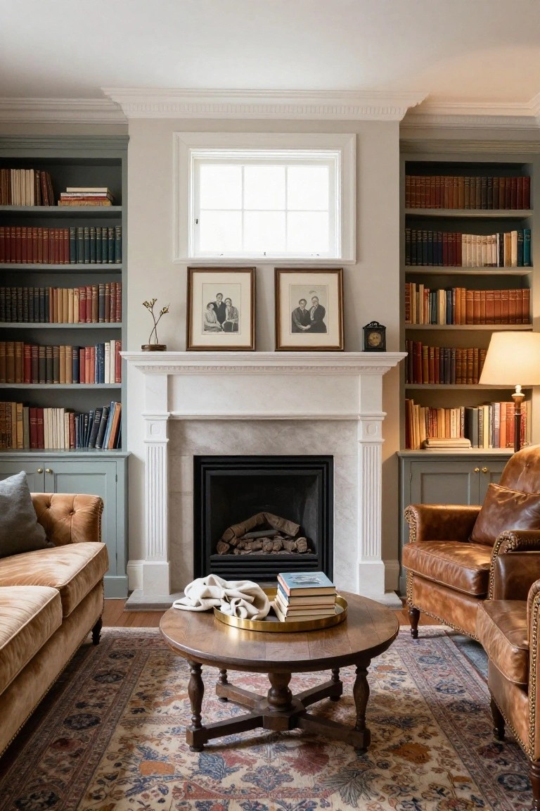 A traditional living room with sage green built-in bookshelves and cabinets flanking a white marble fireplace, two upholstered sofas and chairs, a round wooden coffee table on a patterned rug, family portraits above the mantel, and a table lamp on the right shelf unit.
