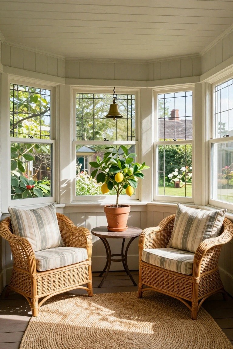 Sunlit bay window room featuring two wicker armchairs with striped cushions facing a small round metal table with a potted lemon tree in the center, garden visible through the windows.