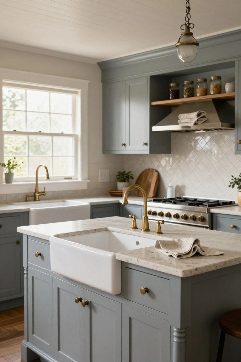 A traditional kitchen interior featuring soft blue-gray shaker-style cabinets, a white apron-front farmhouse sink in the central island, brass faucets and hardware, white subway tile backsplash, and a stainless steel range.